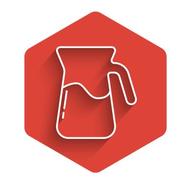 Su ikonlu beyaz çizgi sürahi camları uzun gölgeli. Su için çaydanlık. İçme suyu dolu cam sürahi. Kırmızı altıgen düğmesi. Vektör.