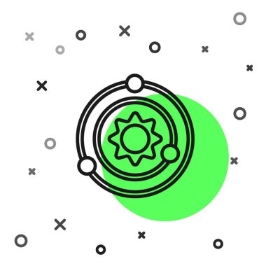 Siyah çizgi güneş sistemi simgesi beyaz arkaplanda izole edildi. Gezegenler yıldızın etrafında dönerler. Vektör.