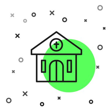 Siyah çizgi kilise binası ikonu beyaz arka planda izole edilmiş. Hıristiyan Kilisesi. Kilisenin dini. Vektör.