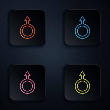 Siyah arkaplanda izole edilmiş renkli neon çizgisi erkek cinsiyet simgesi. Kare düğmelere simgeleri yerleştir. Vektör.