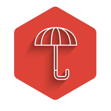 Beyaz çizgi klasik açık şemsiye simgesi uzun gölgeli izole edilmiş. Yağmur koruma sembolü. Kırmızı altıgen düğmesi. Vektör.