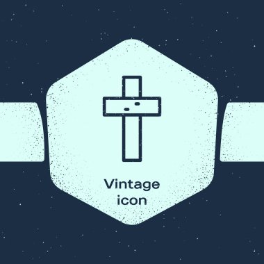 Grunge hattı Hıristiyan ikonu mavi arka planda izole edildi. Kilise haçı. Tek renkli klasik çizim. Vektör.