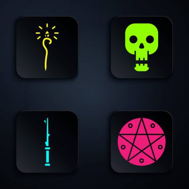 Pentagram 'ı, sihirli değneği, sihirli değneği ve kafatasını daire içine alın. Siyah kare düğme. Vektör.