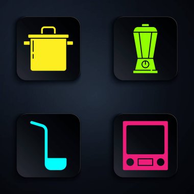 Elektronik teraziler, tencere, mutfak kepçesi ve blender ayarla. Siyah kare düğme. Vektör.