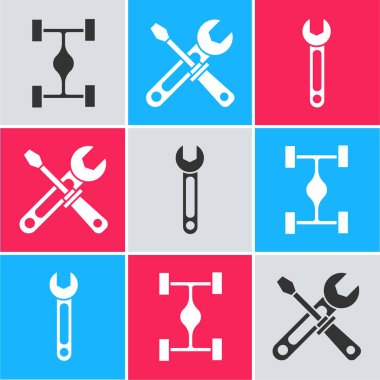 Chassis arabasını, tornavidayı, anahtar aletlerini ve Wrench simgesini ayarla. Vektör.