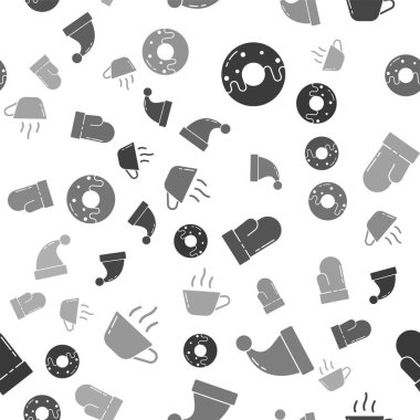 Tatlı jöleli çörek, Noel Baba şapkası, Noel eldiveni ve kahve fincanı kusursuz desenli. Vektör.