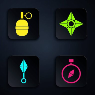 Pusula, el bombası, Japon ninja shuriken ve Japon ninja shuriken. Siyah kare düğme. Vektör.