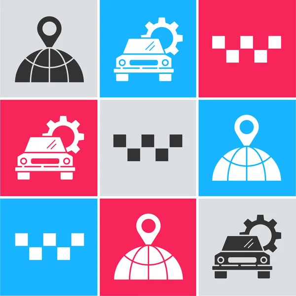 Set Location on the globe, Car service and Taxi car roof icon. Vector.