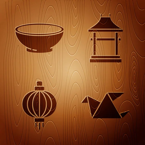 集奥里加米鸟 热汤碗 日本纸灯笼和日本门为一体的木制背景 — 图库矢量图片