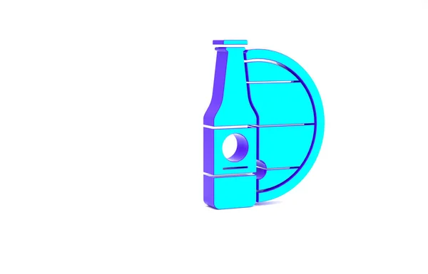 绿松石啤酒瓶和木制木桶图标隔离在白色背景 最低纲领的概念 3D渲染3D插图 — 图库照片
