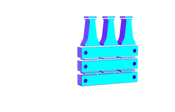 Turquoise Pack Beer Bottles Icon Isolated White Background Wooden Box — Stock Photo, Image