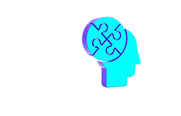 ターコイズ人間の頭のパズル戦略アイコンは白い背景に隔離されています 脳のサインだ 脳の象徴的な働き 最小限の概念 3Dイラスト3Dレンダリング — ストック写真