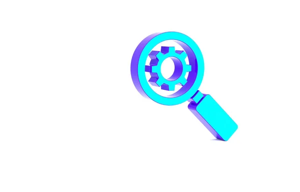 绿松石放大镜和齿轮图标隔离在白色背景 搜索齿轮工具 业务分析符号 最低纲领的概念 3D渲染3D插图 — 图库照片