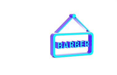 Turkuaz berber ikonu beyaz arka planda izole edildi. Kuaför logosu ya da tabela. Minimalizm kavramı. 3d illüstrasyon 3B canlandırma.