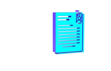 Turkuaz Dosya belgesi ve ataç simgesi beyaz arkaplanda izole edildi. Kontrol listesi simgesi. İş konsepti. Minimalizm kavramı. 3d illüstrasyon 3B canlandırma.