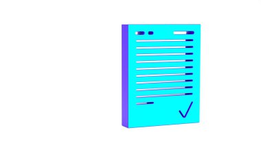 Beyaz arkaplanda işaretleme simgesi izole edilmiş turkuaz sınav kağıdı. Sınav kağıdı, sınav ya da araştırma konsepti. Sınav ya da sınav. Minimalizm kavramı. 3d illüstrasyon 3B canlandırma.