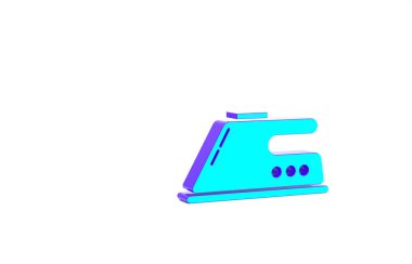 Beyaz zemin üzerinde izole edilmiş turkuaz elektrikli ütü ikonu. Buhar ütüsü. Minimalizm kavramı. 3d illüstrasyon 3B canlandırma.