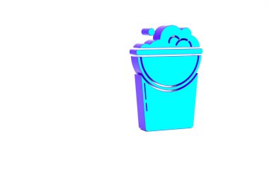 Beyaz arka planda izole edilmiş köpük ve baloncuk ikonlu turkuaz kova. Temizlik hizmeti konsepti. Minimalizm kavramı. 3d illüstrasyon 3B canlandırma.