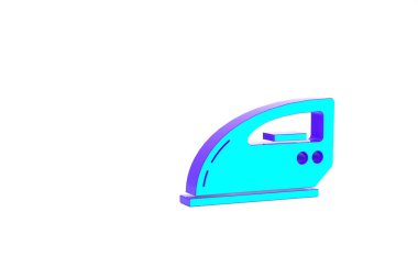 Beyaz zemin üzerinde izole edilmiş turkuaz elektrikli ütü ikonu. Buhar ütüsü. Minimalizm kavramı. 3d illüstrasyon 3B canlandırma.