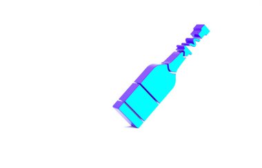 Beyaz arka planda izole edilmiş turkuaz şampanya şişesi ikonu. Minimalizm kavramı. 3d illüstrasyon 3B canlandırma.