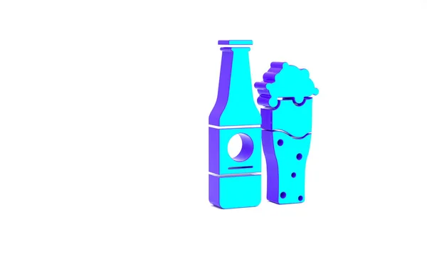 绿松石啤酒瓶和玻璃图标隔离在白色背景 酒精饮料的象征 最低纲领的概念 3D渲染3D插图 — 图库照片