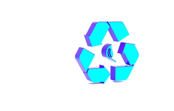 Turquoise Recycle symbol and leaf icon isolated on white background. Environment recyclable go green. Minimalism concept. 3d illustration 3D render.