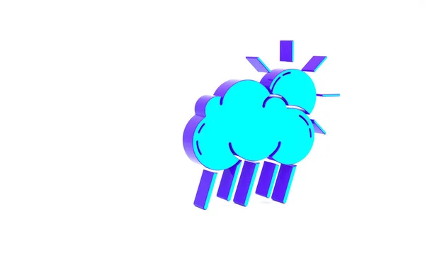 白い背景に雨と太陽のアイコンが隔離されたターコイズ雲 雨滴と雨の雲の降水量 最小限の概念 3Dイラスト3Dレンダリング — ストック写真