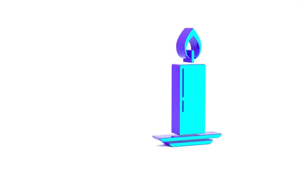 ターコイズ白地に隔離された燭台のアイコンでろうそくを燃やす 昔ながらのろうそく 円筒形のキャンドルスティック燃焼炎と 最小限の概念 3Dイラスト3Dレンダリング — ストック写真