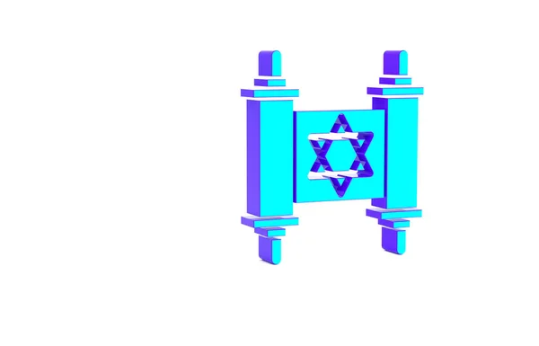 绿松石托拉滚动图标孤立在白色背景 扩大形式的犹太托拉 大卫之星的象征 旧羊皮纸卷轴最低纲领的概念 3D渲染3D插图 — 图库照片