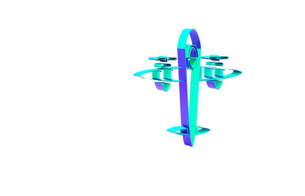 ターコイズ白の背景に隔離された古いレトロなヴィンテージ飛行機のアイコン 飛行機のアイコン 航空会社の看板 最小限の概念 3Dイラスト3Dレンダリング — ストック写真