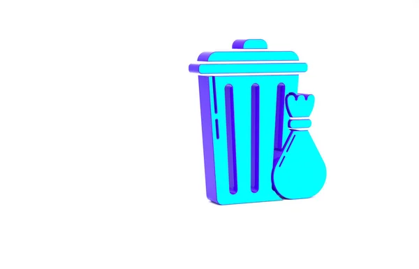 绿松石垃圾箱和垃圾袋图标隔离在白色背景 垃圾箱标志 回收篮图标 办公室垃圾图标 最低纲领的概念 3D渲染3D插图 — 图库照片