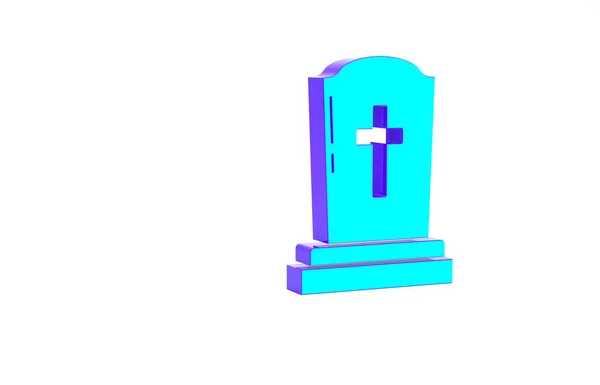 Turquoise Tombstone Cross Icon Isolated White Background Grave Icon Minimalism — Stock Photo, Image