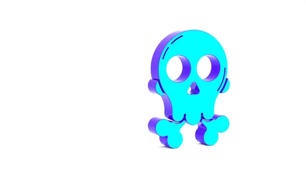 蓝绿色骷髅的交叉骨骼图标孤立在白色背景 万圣节快乐派对最低纲领的概念 3D渲染3D插图 — 图库照片
