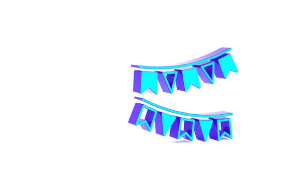白の背景に隔離されたフラグアイコンを持つターコイズカーニバルのガーランド 誕生日のお祝い 公正な装飾のためのパーティーペナント 最小限の概念 3Dイラスト3Dレンダリング — ストック写真