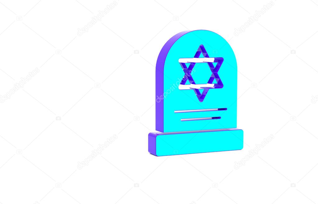 Turquoise Tombstone with star of david icon isolated on white background. Jewish grave stone. Gravestone icon. Minimalism concept. 3d illustration 3D render.