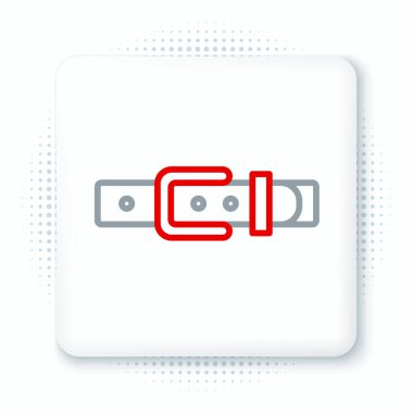 Beyaz arka planda izole edilmiş düğmeli çelik toka ikonu olan çizgili deri kemer. Renkli taslak konsepti. Vektör.