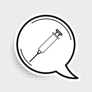 Gri arkaplanda çizgi şırıngası simgesi izole edildi. Aşı için şırınga, aşı, iğne, grip aşısı. Tıbbi ekipman. Renkli taslak konsepti. Vektör.