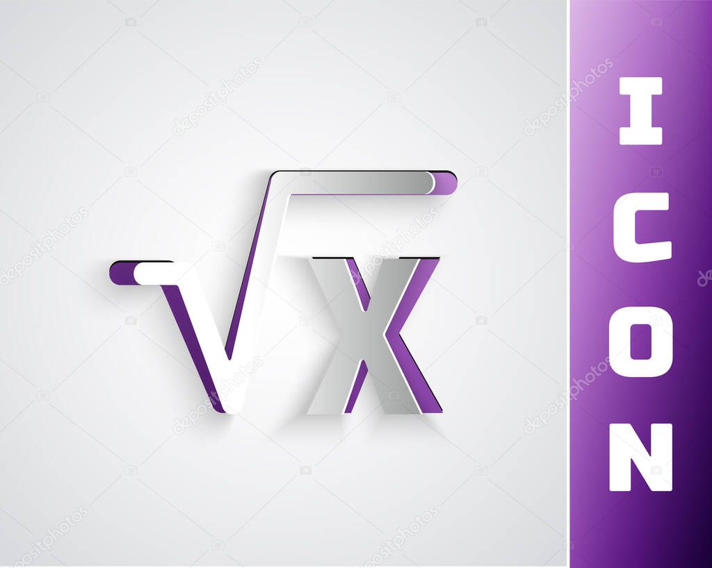 Paper cut Square root of x glyph icon isolated on grey background. Mathematical expression. Paper art style. Vector.