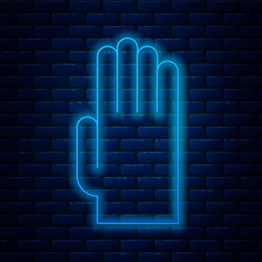 Parlayan neon çizgisi lastik eldiven ikonu tuğla duvar arka planında izole edilmiş. Lateks el koruması işareti. Ev işi temizlik ekipmanları sembolü. Vektör İllüstrasyonu.