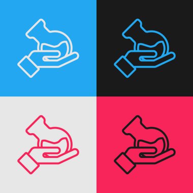 Sanat eseri test tüpü ve el ikonu renkli arka planda izole edilmiş matara. Kimyasal laboratuvar testi. Laboratuvar camları. Vektör.