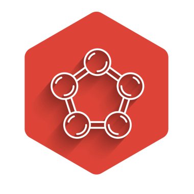 Beyaz çizgi Molekül simgesi uzun gölgeli izole edilmiş. Kimya moleküllerinin yapısı, fen öğretmenlerinin yenilikçi eğitim posteri. Kırmızı altıgen düğmesi. Vektör.