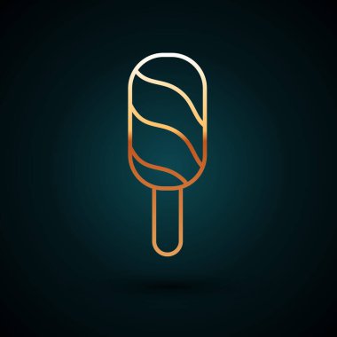 Altın çizgili dondurma ikonu koyu mavi arka planda izole edilmiş. Güzel sembol. Vektör.