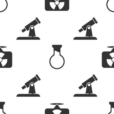 Radyoaktifi, deney tüpünü, şişeyi ve teleskopu kusursuz desene ayarlayın. Vektör.