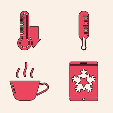 Noel 'i akıllı telefon ve kar tanesi, Meteoroloji termometre ölçümü, Meteoroloji termometre ölçümü ve kahve fincanı simgesine ayarla. Vektör.