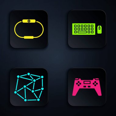 Gamepad, Smartwatch, sinirsel ağı, klavye ve fareyi ayarla. Siyah kare düğme. Vektör.