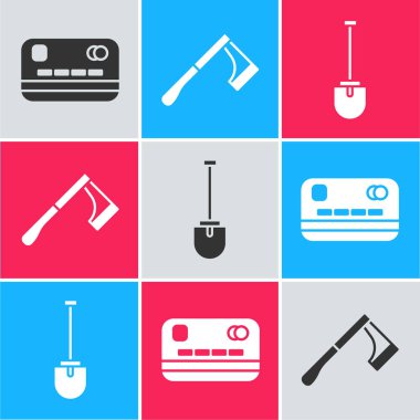 Kredi kartı, tahta balta ve kürek simgesini ayarla. Vektör.