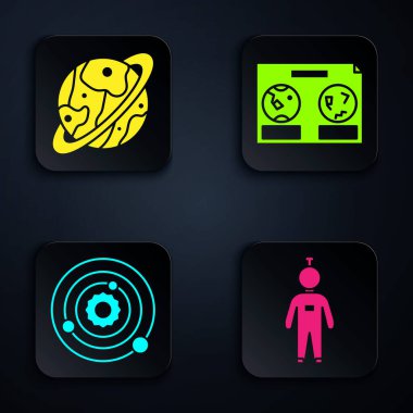 Astronot, Satürn Gezegeni, Güneş Sistemi ve Gökyüzü 'nün Göksel Haritası. Siyah kare düğme. Vektör.