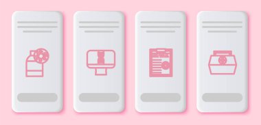 Virüs, DNA sarmalı, bilgisayar, pano kan testi sonuçları ve ilk yardım çantası olan bir şişe ayarla. Beyaz dikdörtgen düğme. Vektör.