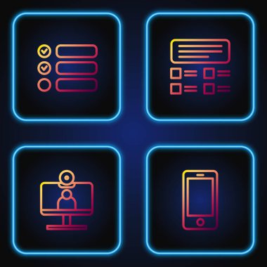 Sabit hat cep telefonu, görüntülü sohbet konferansı, görev listesi ve online sınav, test, araştırma. Renk simgeleri. Vektör.
