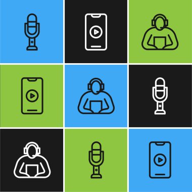 Mikrofon, Öğrenci ve Online video oynatma simgesini ayarla. Vektör.